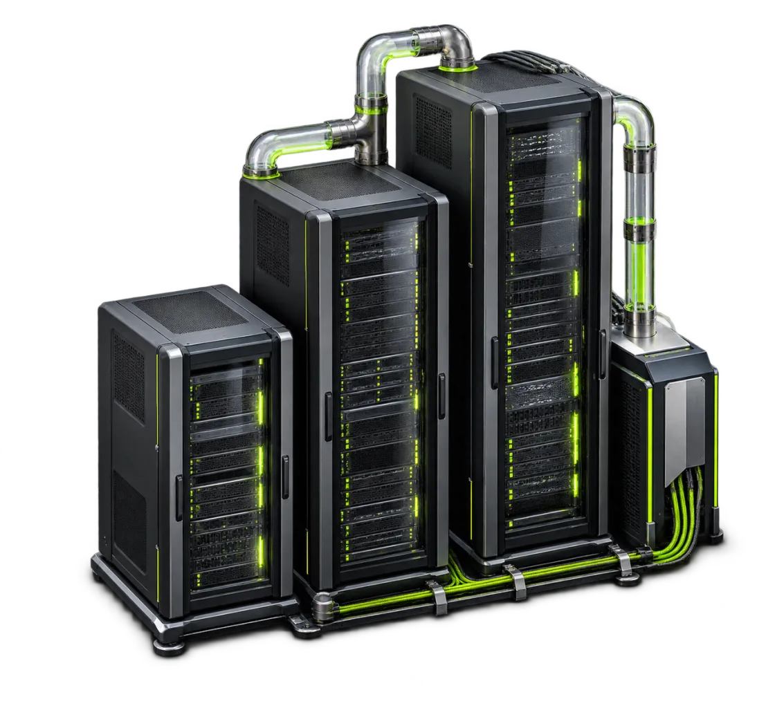 Three data-center server racks connected by bright liquid-cooling pipes, power distribution and cable runs.